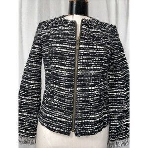 Nanette Lepore Fringe Trim Round Neck Woven Zip Blazer Jacket Women's Size 4p